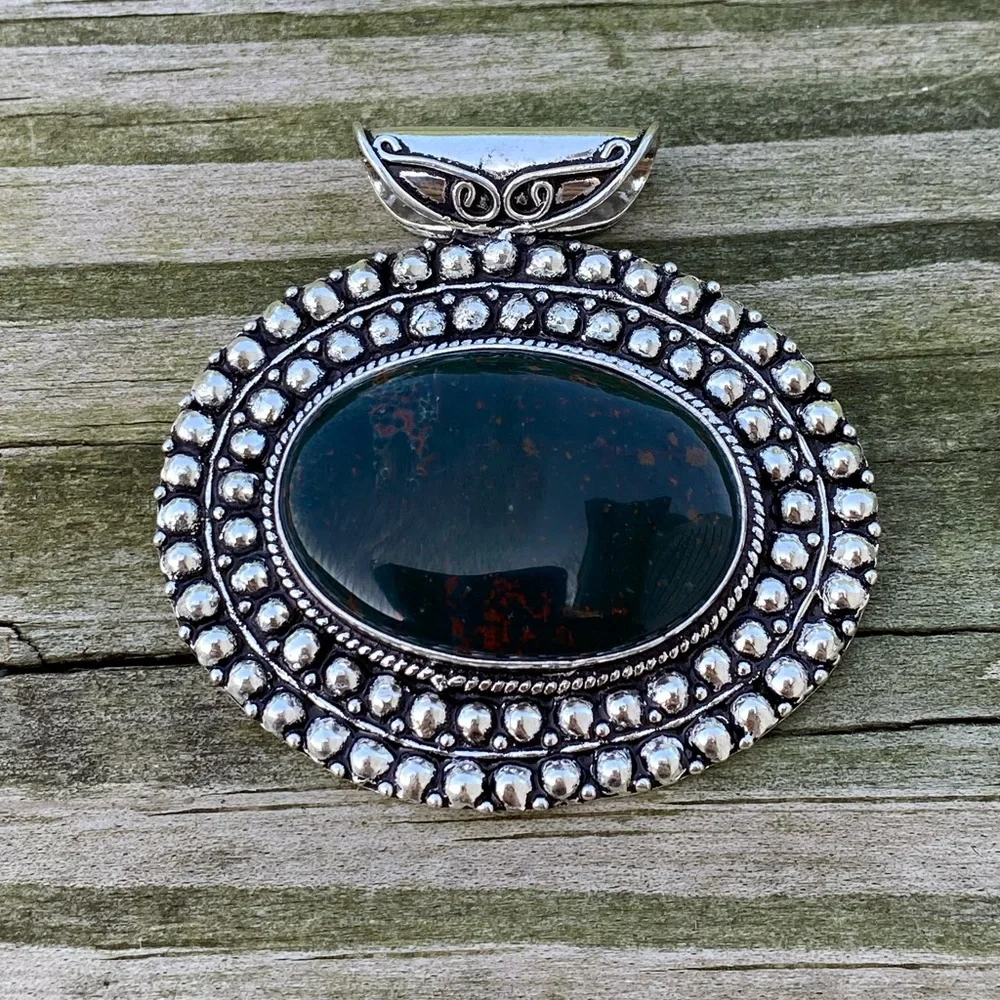 💕Large Oval genuine Bloodstone slider pendant .925 Sterling Silver - Picture 7 of 9